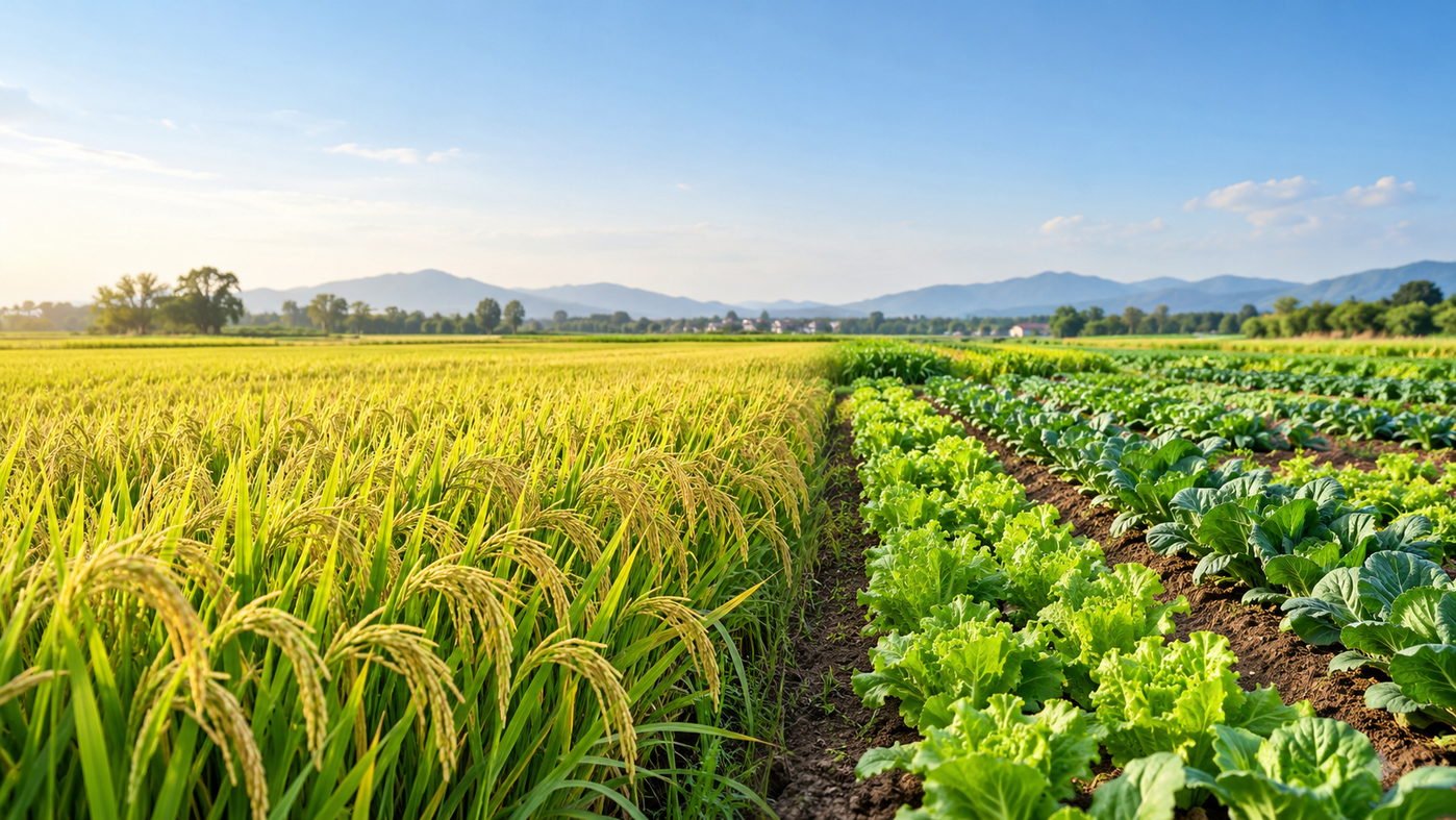 Golden Rice and Verdant Vegetable Fields.png
